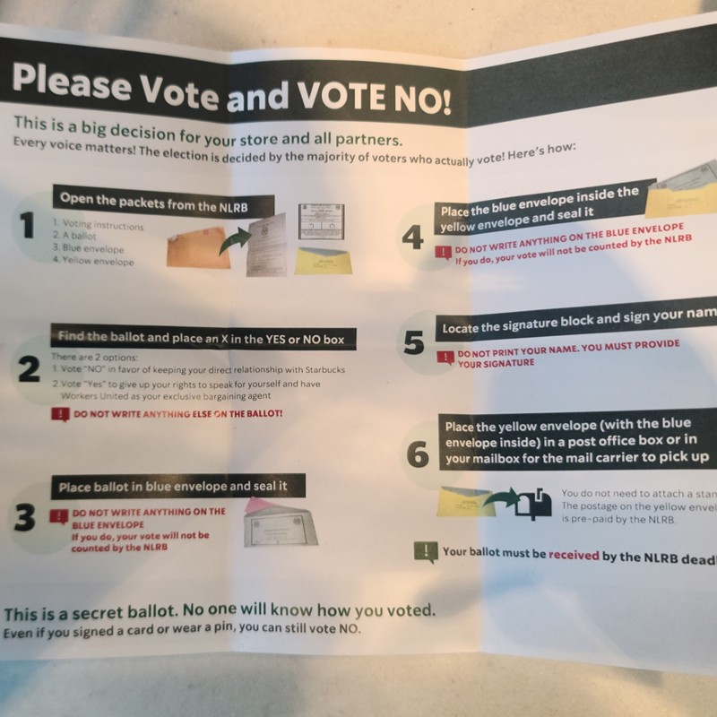 Workers at a Starbucks in Bridgeton received this letter in their tip envelope encouraging them to vote against unionizing.  - VIA ALEXIA FISCHER