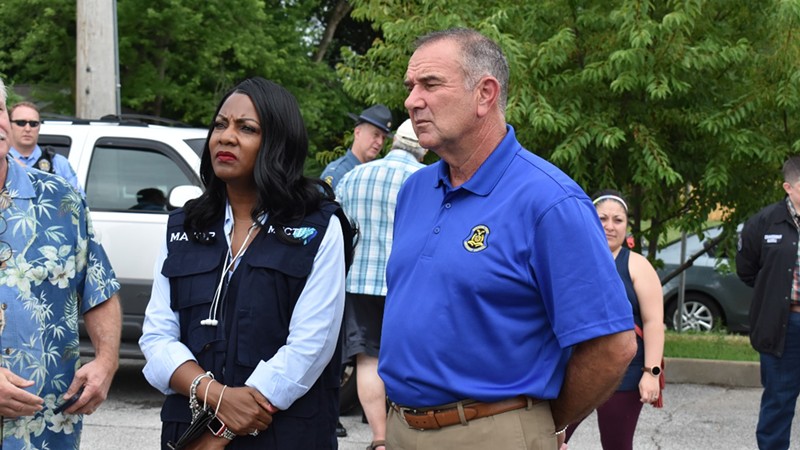 Mayor Tishaura Jones and Lieutenant Governor Mike Kehoe in the Ellendale neighborhood two days after it suffered severe flooding.