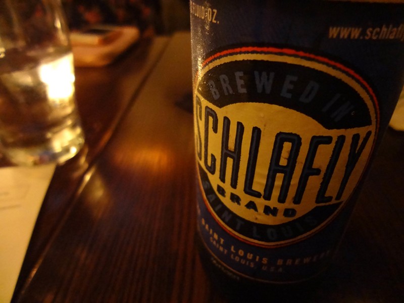 Close up of a Schlafly beer bottle
