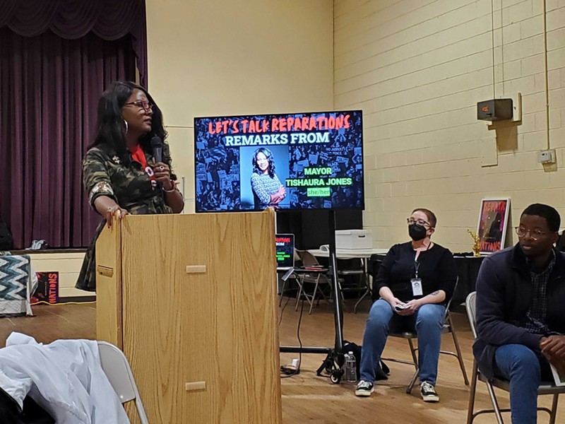 St. Louis Mayor Tishuara Jones speaks at the event Let’s Talk Reparations: Community Teach-In and Block Party.