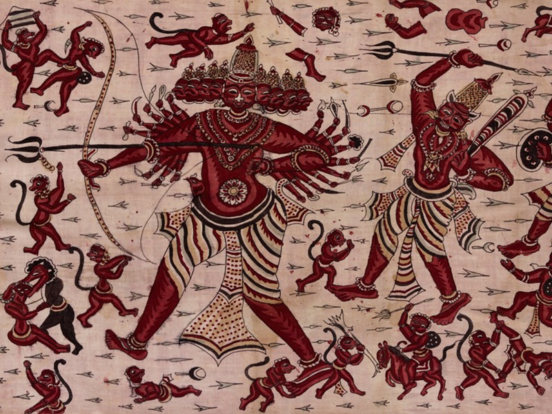 Painted fabric depicting a archer with many arms in a battlefield.