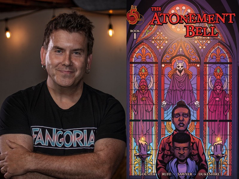 Side by side images of a man next to the cover of a graphic novel.