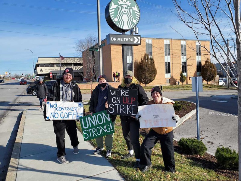 Riley Staack (third from left) on strike with other Hampton Starbucks workers.