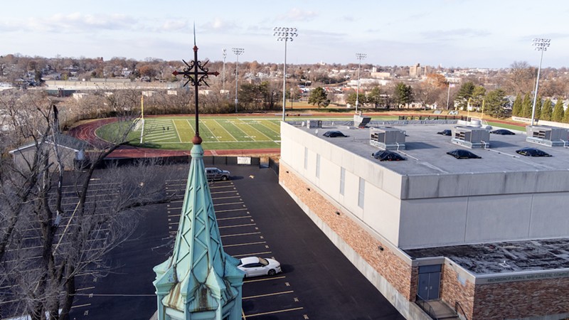 A view of St. Mary's athletic facilities and football field from the steeple of its on-campus church.