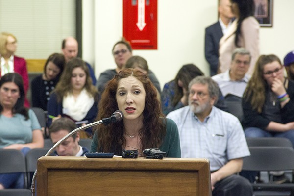 Sally Hunt, a Parkway parent, speaks during a March 8 school board meeting. Hunt and other parents are demanding Best Choice open its curriculum for easier public viewing. - Photo by Danny Wicentowski
