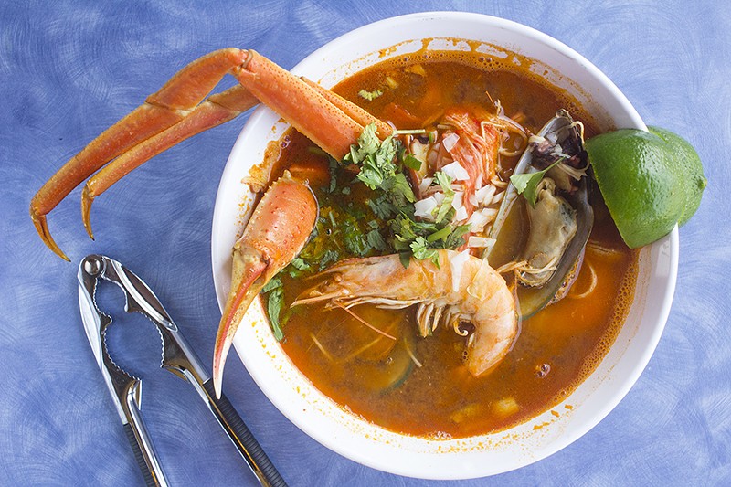 "7 mares" is a traditional Mexican seafood soup studded with oysters, clams, octopus, crab meat, shrimp, crab legs, catfish and rice. - PHOTO BY MABEL SUEN