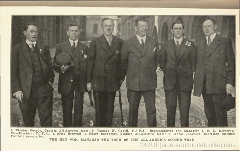Thomas Cahill (second from left) with the men who organized the All-America Soccer Team that toured Europe.