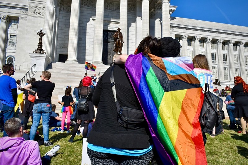 Hundreds gathered outside the Missouri Capitol yesterday to protest anti-LGBTQ+ legislation. - Reuben Hemmer