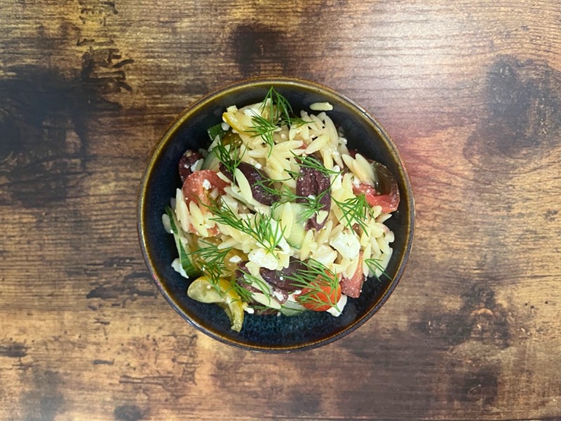 Orzo, with tomatoes, kalamata olives, cucumbers and feta cheese tossed in lemon dill dressing. - Cheryl Baehr