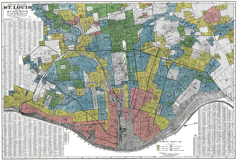 A historic map shows the Home Owners' Loan Corporation’s redlining of St. Louis. Green areas were graded “best,” with blue “still desirable,” yellow “definitely declining" and red “hazardous.” - VIA MAPPING INEQUALITY