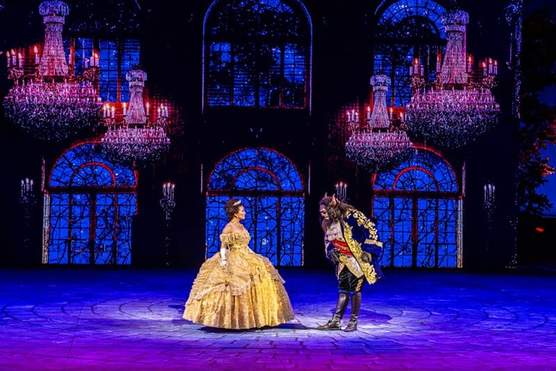 The Beast (Ben Crawford) and Belle (Ashley Blanchet) in the Muny Theatre's production of Disney's Beauty and the Beast.