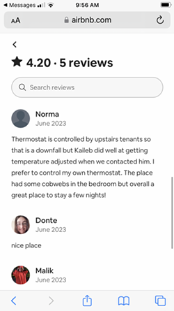 One person who rented the basement unit via Airbnb noted their dismay at being on the Nedvideks' thermostat. - VIA AIRBNB
