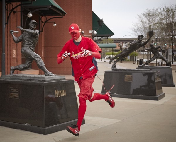 The Rally Runner, shown in a file photo making his customary trek around Busch Stadium, attended the "Stop the Steal" rally in Washington, D.C., on January 6. - STEVE TRUESDELL