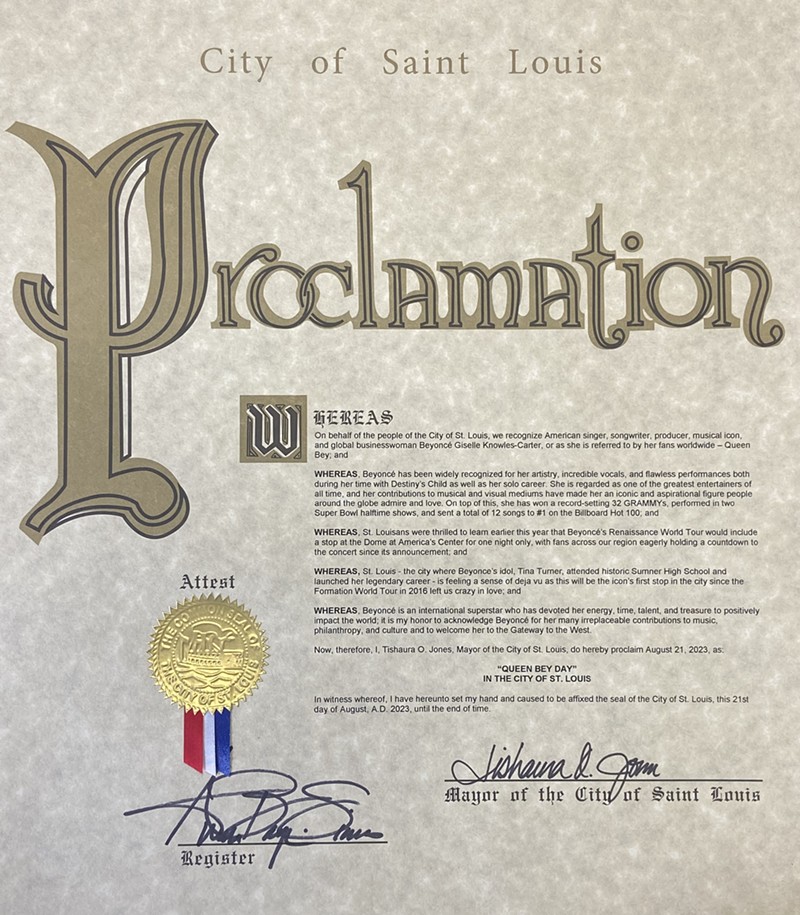 The proclamation includes a certain amount of Beyoncé song references, which is the same case for this blog. - Courtesy of St. Louis Mayor's Office