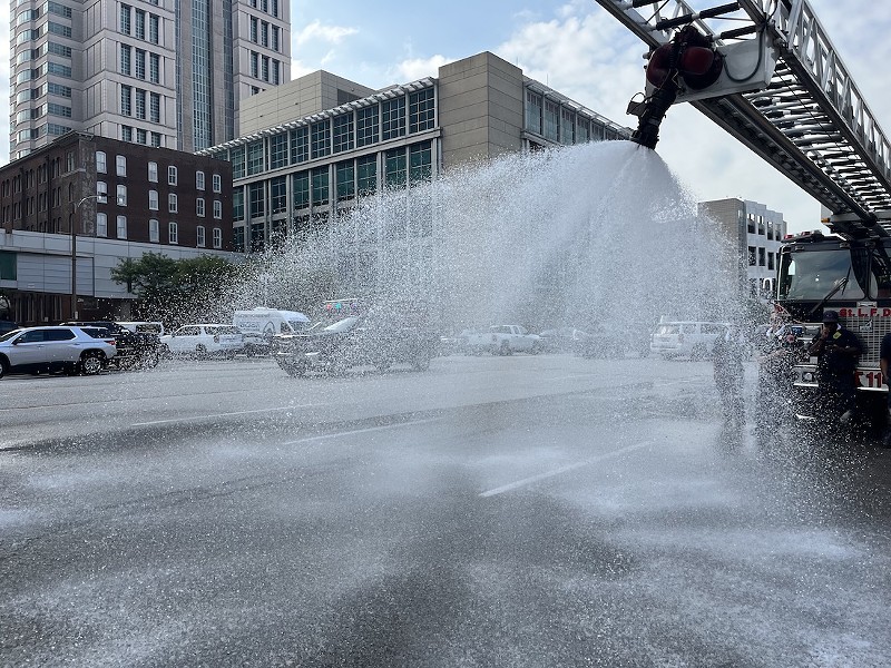 A decontamination station was set up outside the Justice Center in case officers were sprayed with mace. - RYAN KRULL
