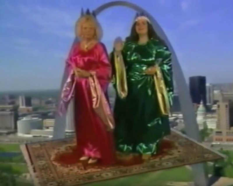 Becky Rothman, seen here on the right, flying on a magic carpet with Wanda, Princess of Tile.