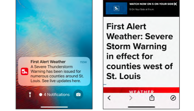 KSDK's use of the phrase, "First Alert Weather," which they are now getting sued over. - Screengrab from Gray Media Group's lawsuit.