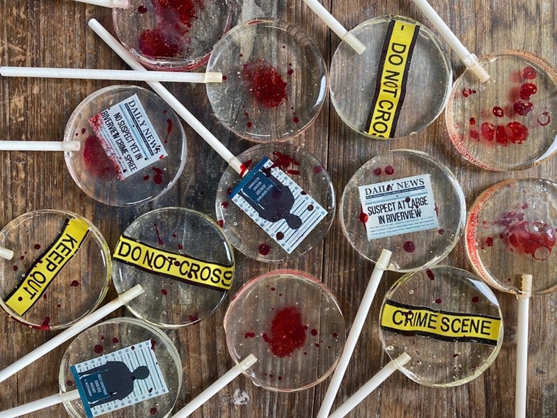 Right now, Yates is making Halloween themed candy, including these "blood-stained" lollipops.