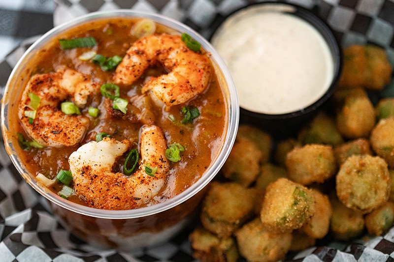 Landry’s shrimp and brisket étouffée, pictured here with fried okra.