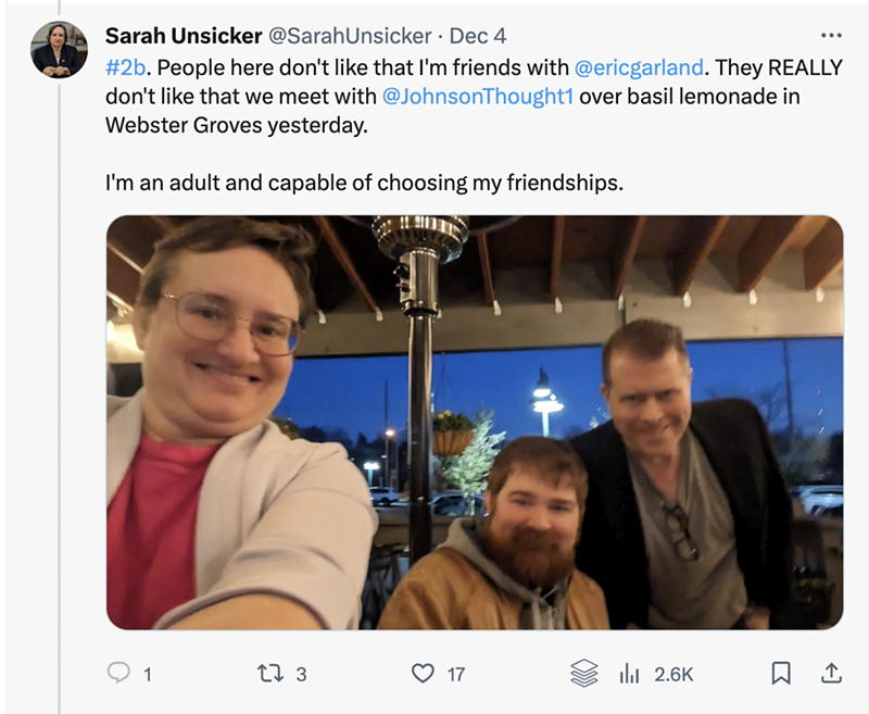 Representative Unsicker has tweeted that she is friends with Johnson (center). - SCREENSHOT