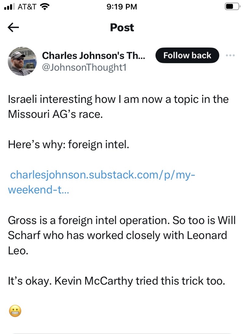 Charles Johnson claimed on Twitter that both Democrat Elad Gross is a "foreign intel operation" — and Republican Will Scharf is too. - SCREENSHOT