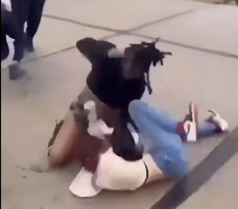 The video that shows Maurnice DeClue beating a student now identified as Kaylee Gain quickly went viral. - SCREENSHOT VIA X
