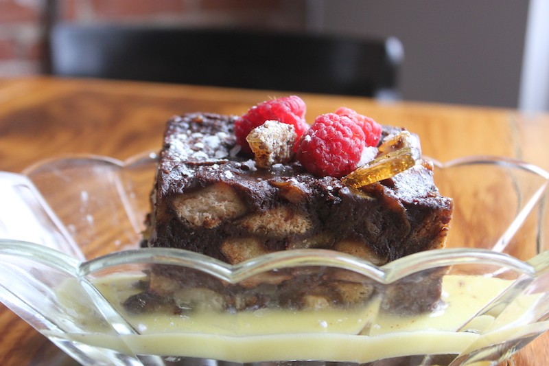 The dark chocolate and pretzel bread pudding — one of the top-selling desserts.