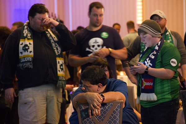 Soccer fans mourn as last night's returns show Prop 2 going down to defeat. - Photo by Danny Wicentowski