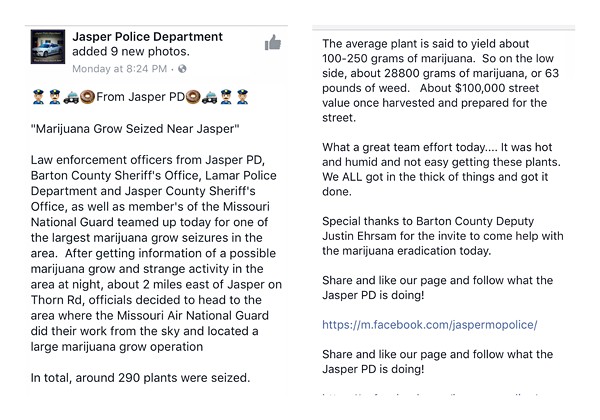 This Jasper police press release described a giant marijuana seizure before it was deleted from Facebook. - Image via Jasper Police Department Facebook page