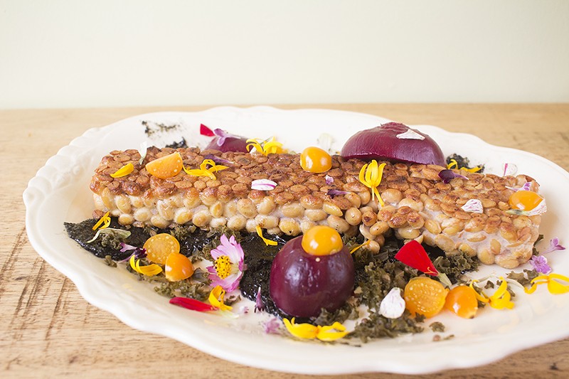Tempeh comes with pickled beets, honey, black tahini, fermented kale and golden berry. - MABEL SUEN