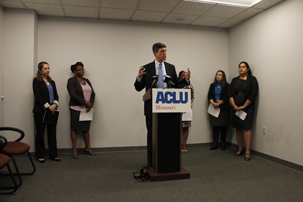 Jeffrey Mittman, executive director for ACLU of Missouri delivers closing remarks at a press conference regarding the ACLU's new report, "From School to Prison: Missouri's Pipeline of Injustice." - Katie Hayes