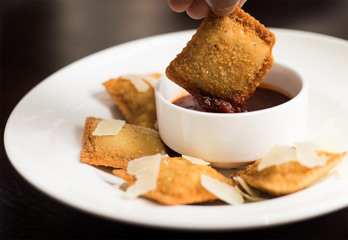 Union 30 serves St. Louis favorites like toasted ravioli -- here stuffed with smoked pulled pork and served with barbecue marinara.