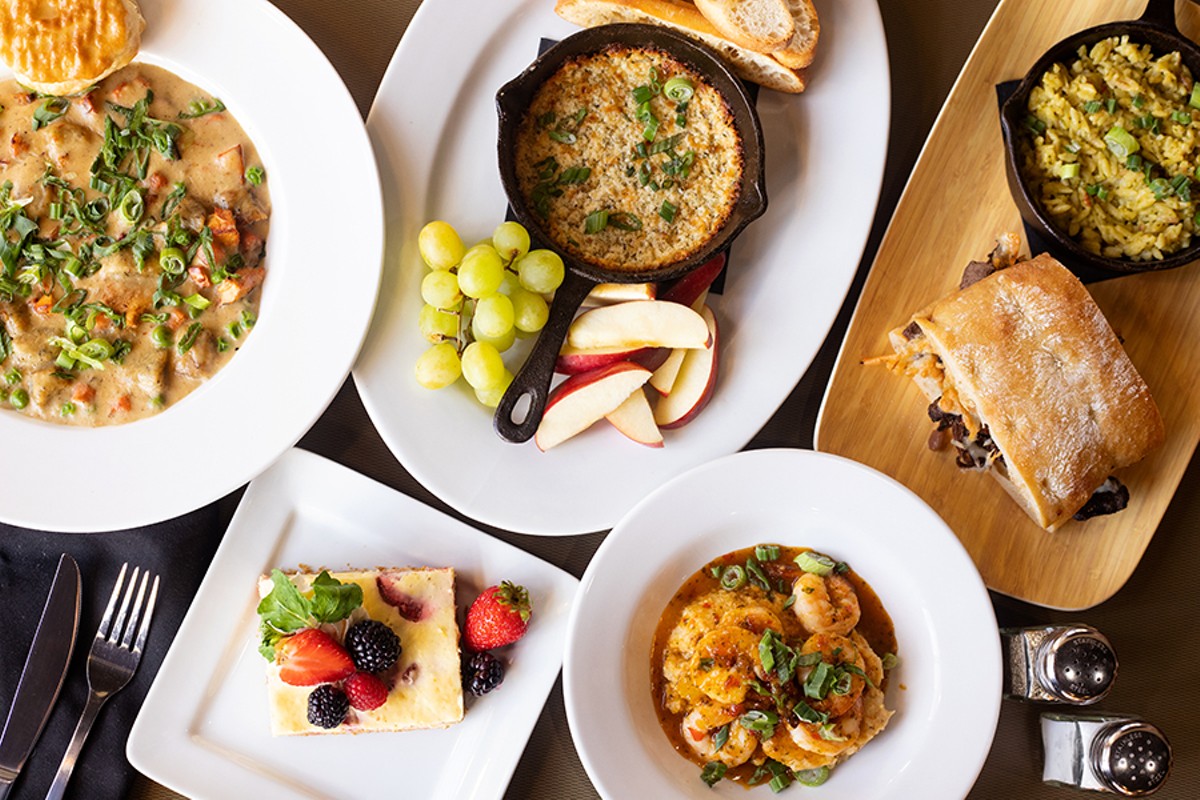 A selection of items from Destination Cafe, pictured from left to right, top to bottom: chicken and dumplings, four-cheese fondue, steak sandwich, cheesecake and Bangkok Shrimp.