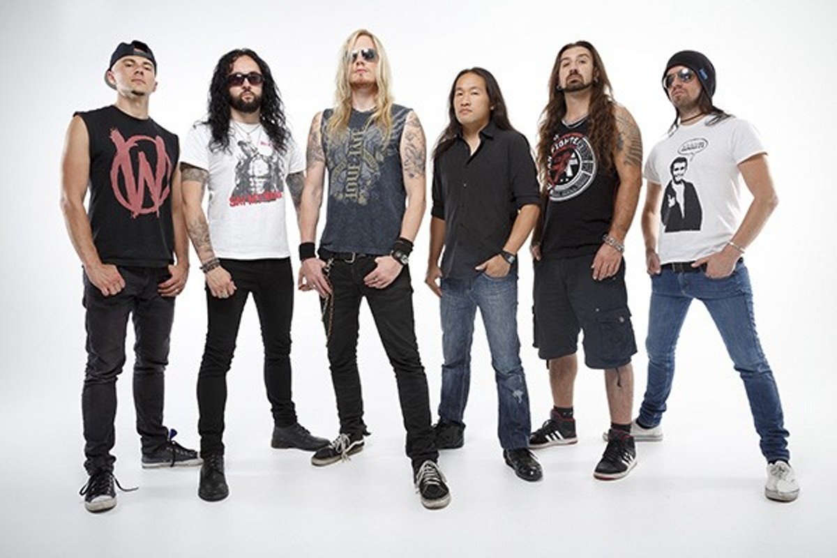 Herman Li, third from right, with the other members of DragonForce, a band as ridiculous as it is talented.