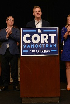 Cort VanOstran, flanked by siblings Collin and Callie, delivers his concession speech Tuesday night at the Sheraton in Clayton.