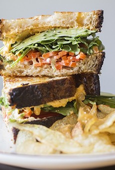 Rise's "Lunch Sandwich" features giardinera, cucumber, arugula and cheddar spread.