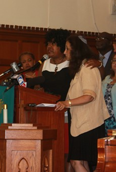 Reverend Cassandra Gould spoke alongside Rabbi Susan Talve at today's press conference at St. Peters AME Church.