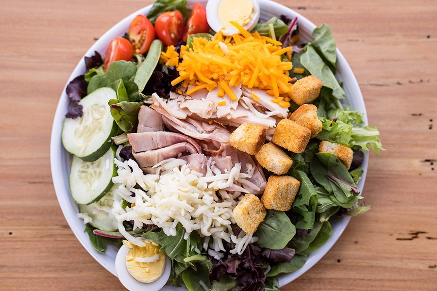 24:1's chef salad is laden with turkey, ham, tomato, cucumber and cheddar and Swiss cheese.