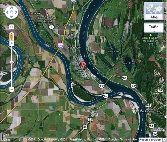 This aerial view shows how much thinner the Mississippi and Ohio rivers are under normal conditions. - COURTESY OF GOOGLE EARTH