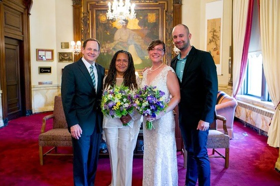 The happy couple with Mayor Francis Slay and Shane Cohn, the first openly gay man elected to St. Louis city government.
