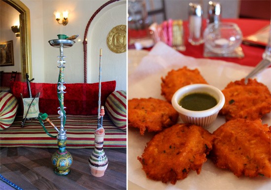 (Left) Hookah comes in more than twenty different flavors which can be mixed and matched. (Right) Mushat: fried cauliflower mixed with parsley, garlic, potato and spices served with spicy green chutney - MABEL SUEN