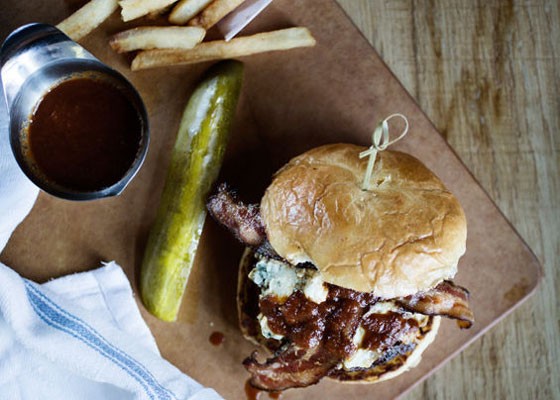 The barbecue bison burger with blue cheese and bacon on a brioche bun. | Jennifer Silverberg