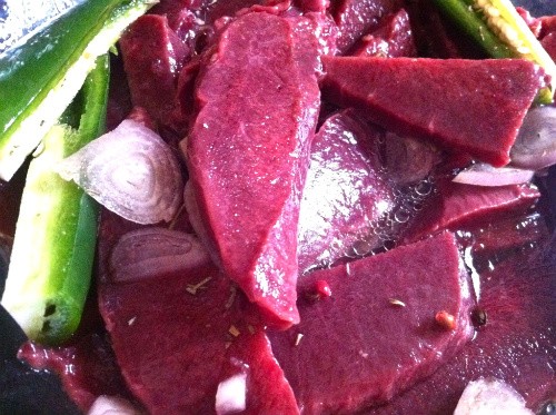 Beef Heart Swimming in Red Wine, Cola, Shallots and Jalapeno - HOLLY FANN