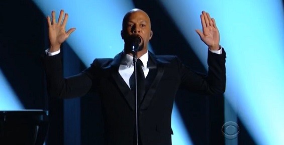 Rapper Common raised his hands while mentioning Ferguson in the lyrics to his and John Legend's song "Glory," also from the Selma soundtrack. - SCREENSHOT VIA CBS