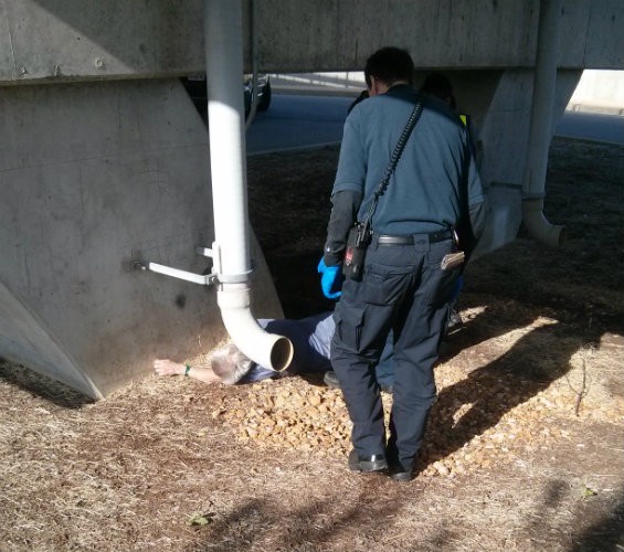 While passengers waited with a Metro security officer for help at the Shrewsbury station, the drunk man apparently fell and again hit his head. Here's where they found him. - COURTESY OF METROLINK PASSENGER
