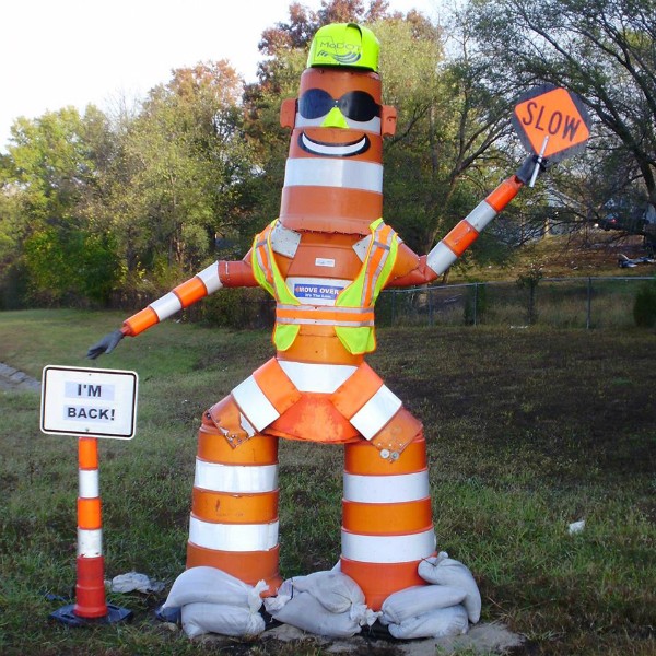 Barrel Bob, the creepy road safety mascot, was found in a ditch nearly two weeks after disappearing from Jefferson County. - MISSOURI DEPARTMENT OF TRANSPORTATION