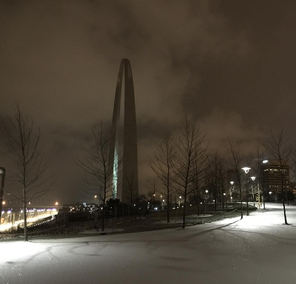 The Arch looked rather ominous in the snow this morning. - PHOTO COURTESY OF INSTAGRAM / GATEWAYARCHNPS.
