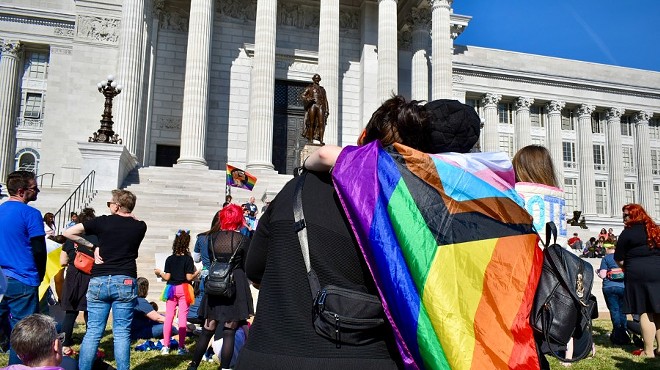 Hundreds gathered outside the Missouri Capitol yesterday to protest anti-LGBTQ+ legislation.