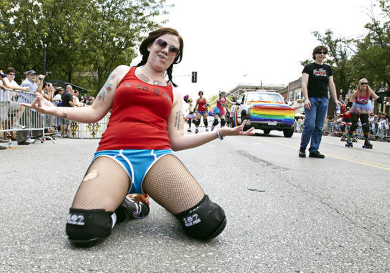 An Arch Rival Roller Girl slides down Grand (thankfully, on kneepads) during the Pride Parade on June 27. See more photos from the 2010 Pride parade.