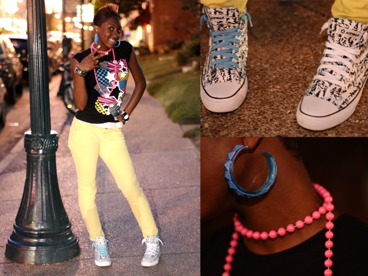 Jalinda, 14, Normandy
"I'm gonna wear a really hot green."
Wearing every color in the rainbow, and accessories to match the primary explosion, Jalinda was riding the U. City rainbow lion on Delmar. 
Why different-colored shoelaces?
"Because it went with my shirt." Despite only being able to see black and white on her hightops, Jalinda referenced the blue in them as reasoning for the different laces as well.
Earrings and pearls?
Like the shoelaces, Jalinda is wearing an accessory of every color to match the riot of hues seen on her shirt.
What Do You Expect For Fall Fashions?
"More of a splash of colors."